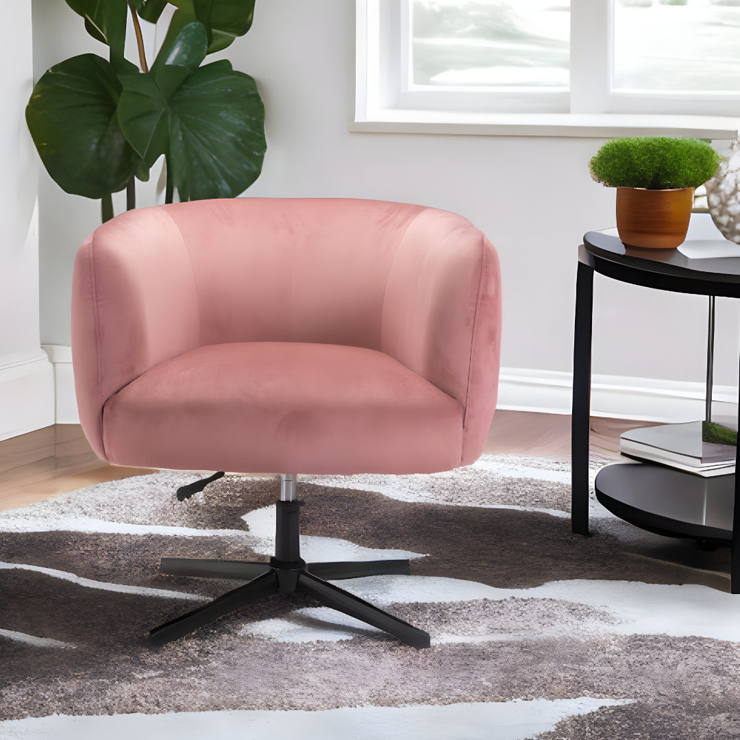 30" Pink And Black Velvet Swivel Barrel Chair