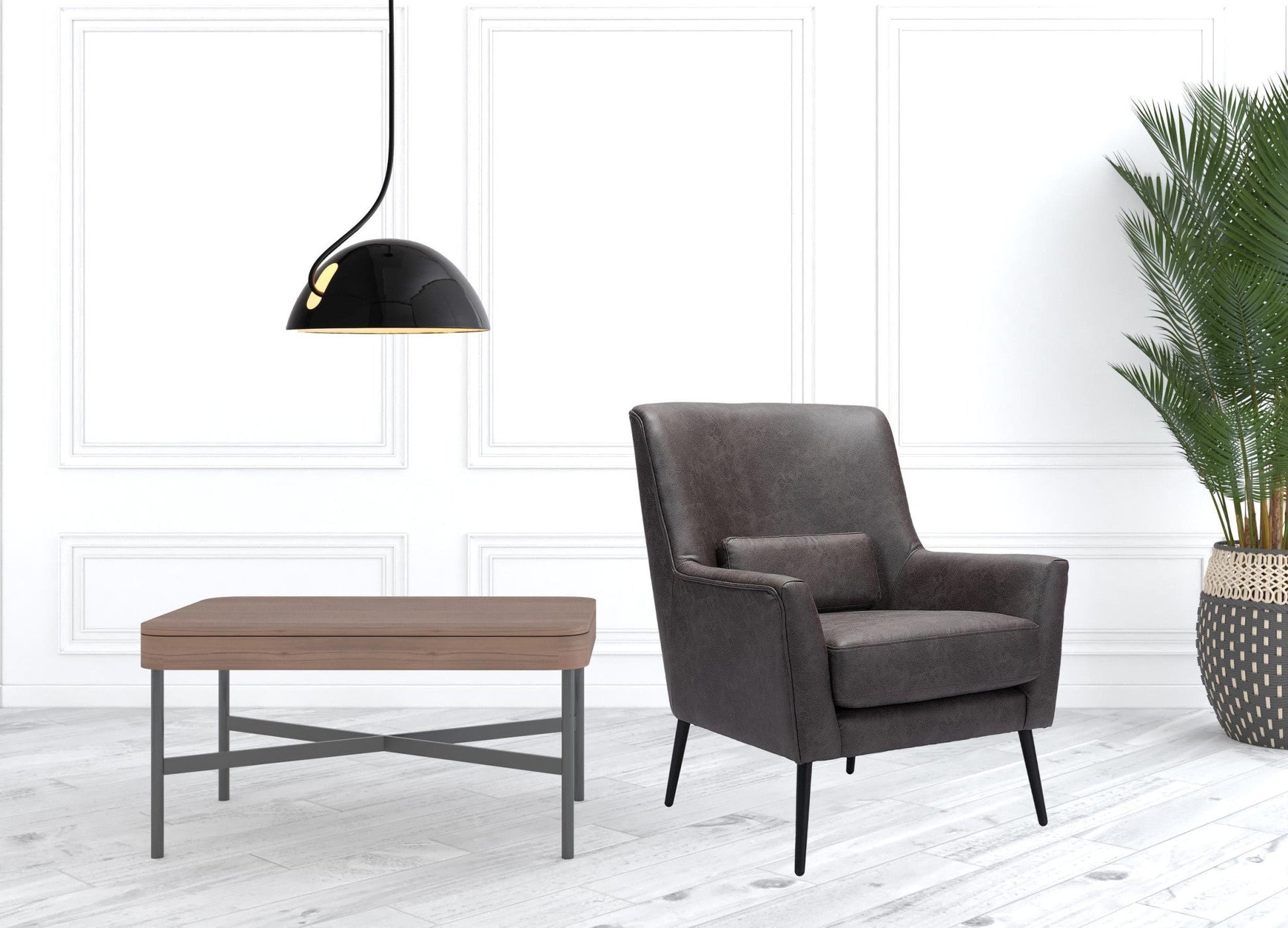 29" Grey Faux Leather And Gold Arm Chair