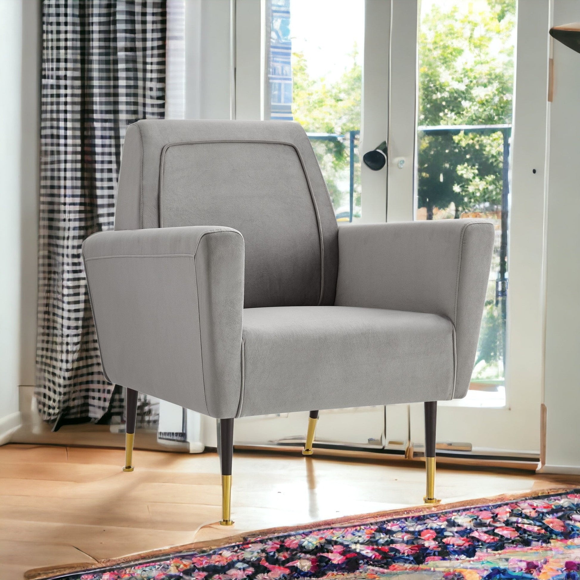 32" Navy Blue And Gold Velvet Arm Chair